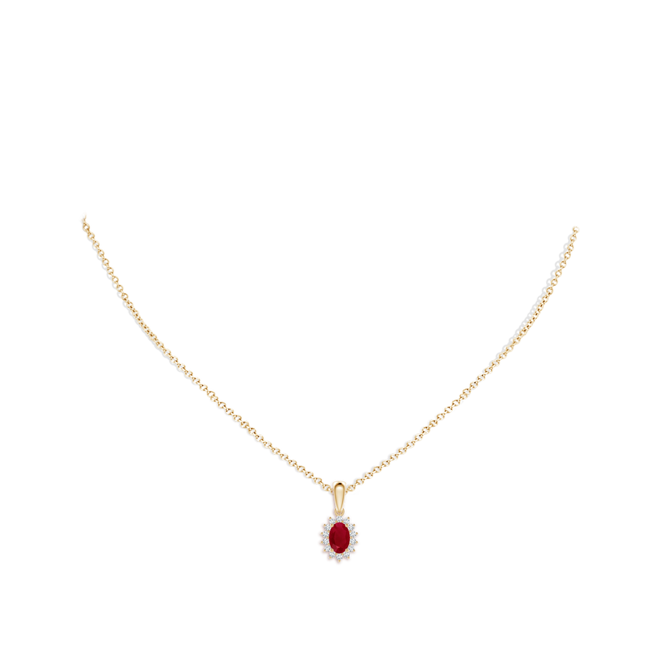 6x4mm AA Oval Ruby Pendant with Floral Diamond Halo in Yellow Gold pen