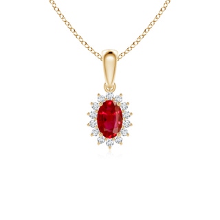 6x4mm AAA Oval Ruby Pendant with Floral Diamond Halo in 18K Yellow Gold