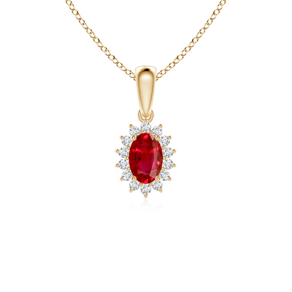 6x4mm AAA Oval Ruby Pendant with Floral Diamond Halo in 18K Yellow Gold 
