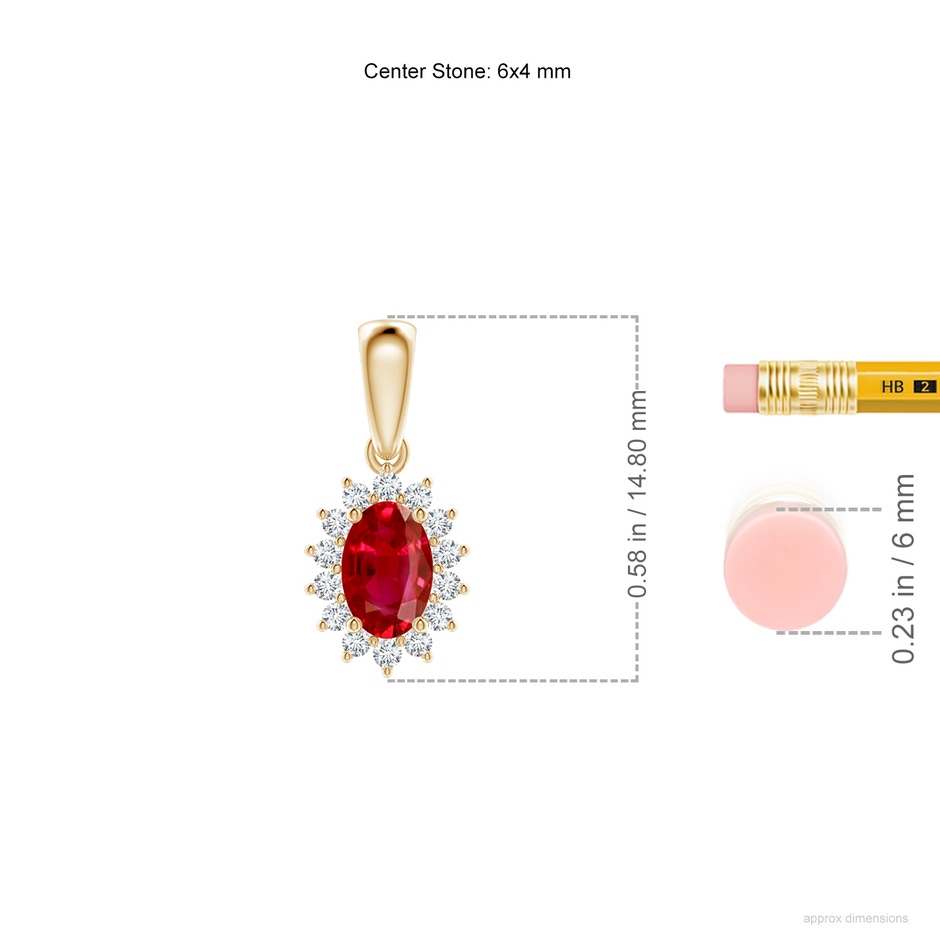 6x4mm AAA Oval Ruby Pendant with Floral Diamond Halo in 18K Yellow Gold ruler