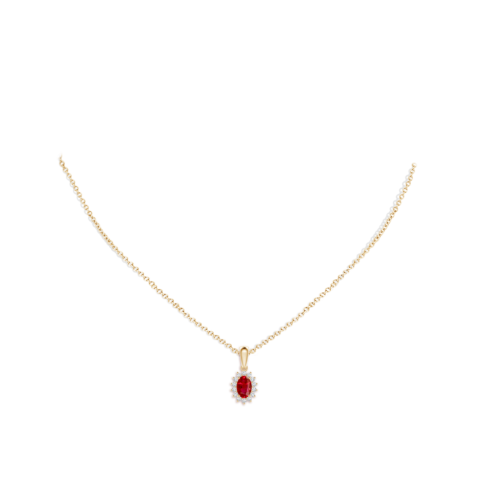 6x4mm AAA Oval Ruby Pendant with Floral Diamond Halo in 18K Yellow Gold pen