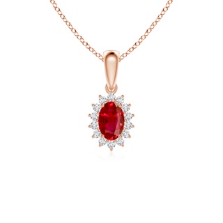 6x4mm AAA Oval Ruby Pendant with Floral Diamond Halo in 9K Rose Gold