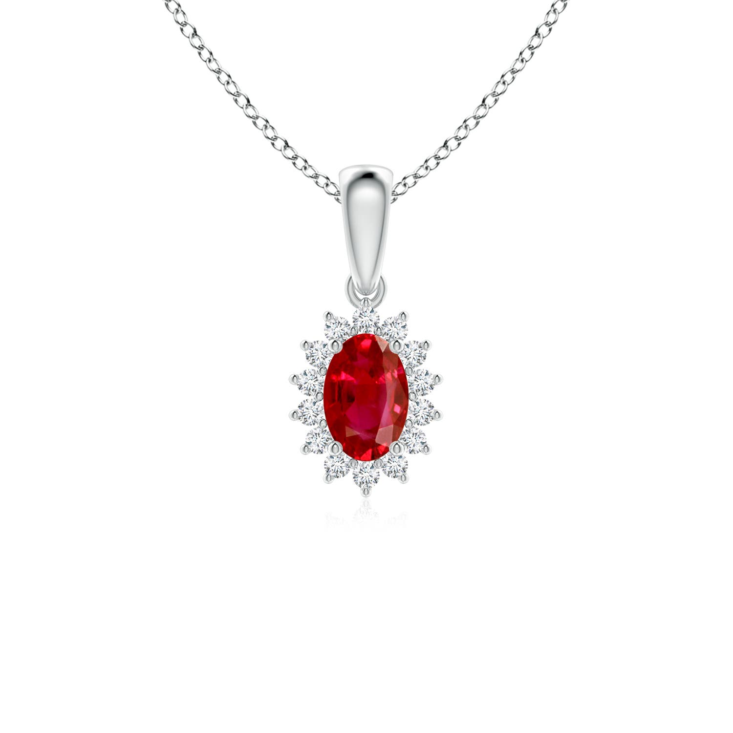 6x4mm AAA Oval Ruby Pendant with Floral Diamond Halo in P950 Platinum