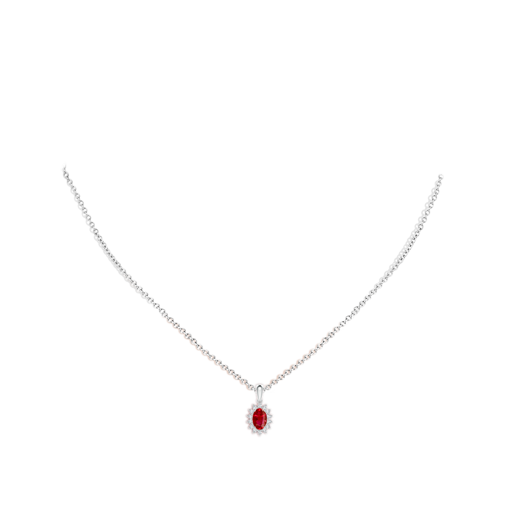 6x4mm AAA Oval Ruby Pendant with Floral Diamond Halo in White Gold pen