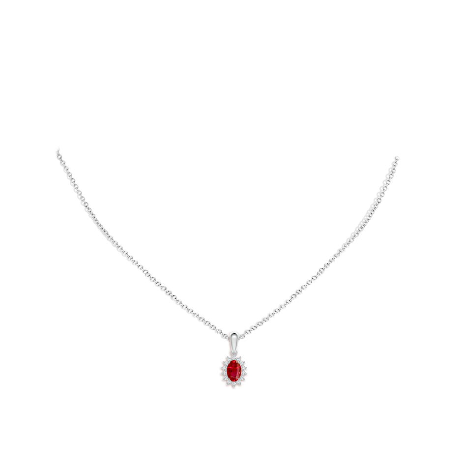 6x4mm AAA Oval Ruby Pendant with Floral Diamond Halo in White Gold pen