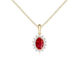 6x4mm AAA Oval Ruby Pendant with Floral Diamond Halo in Yellow Gold