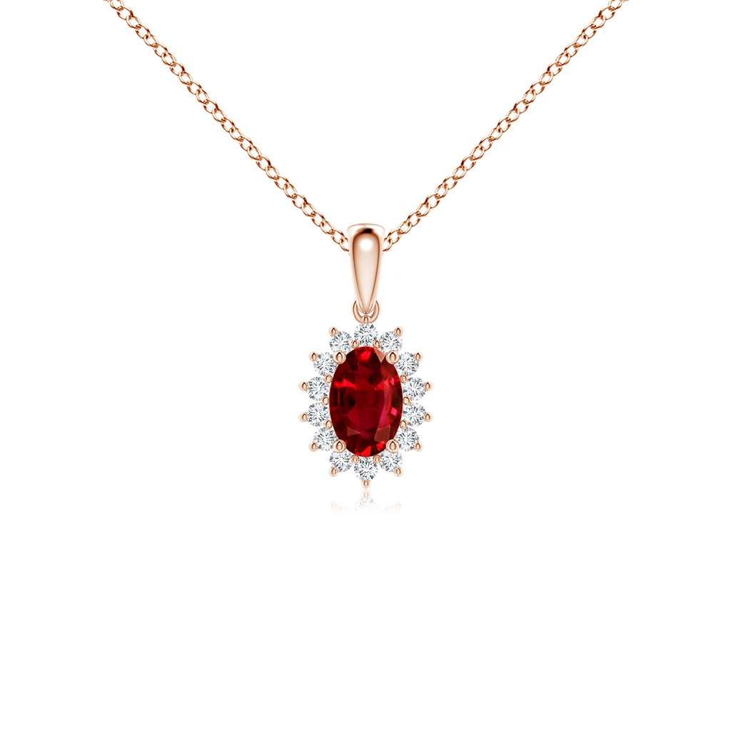 6x4mm AAAA Oval Ruby Pendant with Floral Diamond Halo in Rose Gold