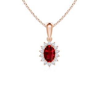 6x4mm AAAA Oval Ruby Pendant with Floral Diamond Halo in Rose Gold