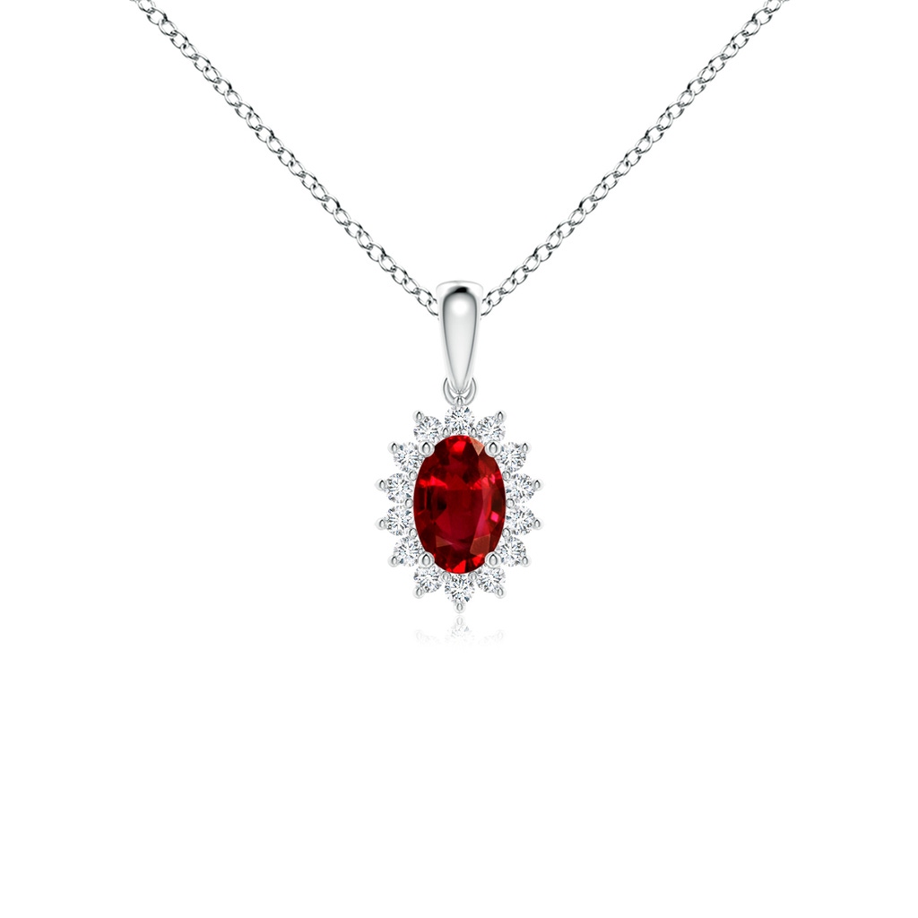 6x4mm AAAA Oval Ruby Pendant with Floral Diamond Halo in White Gold 