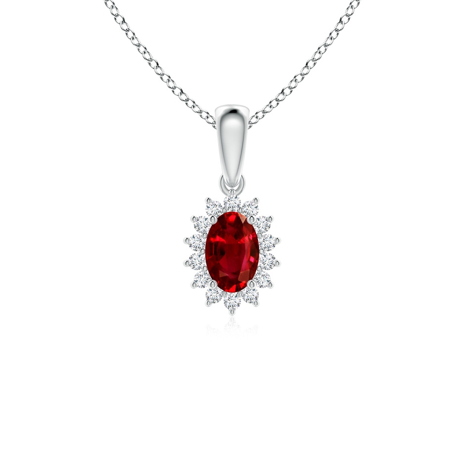 6x4mm AAAA Oval Ruby Pendant with Floral Diamond Halo in White Gold 