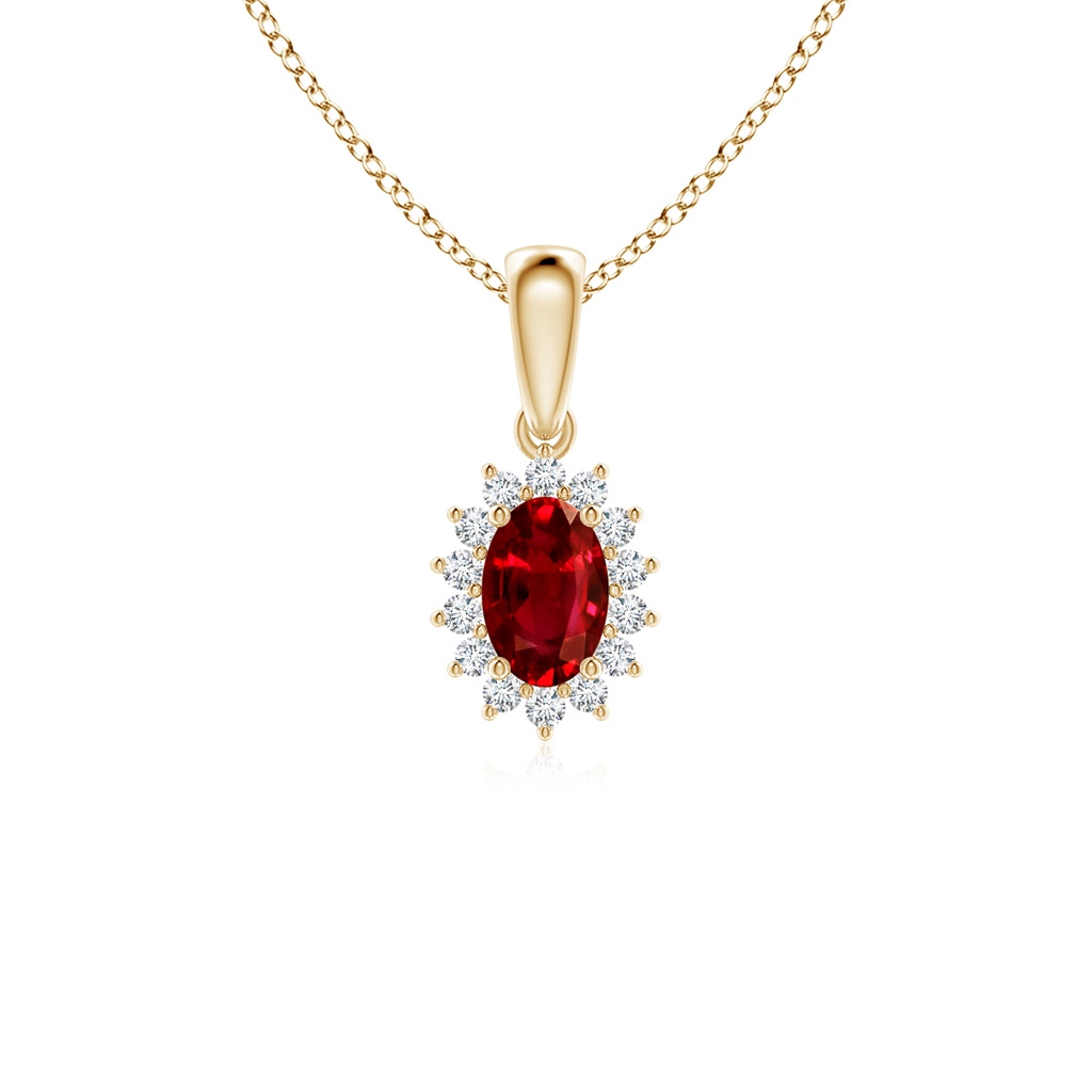 6x4mm AAAA Oval Ruby Pendant with Floral Diamond Halo in Yellow Gold