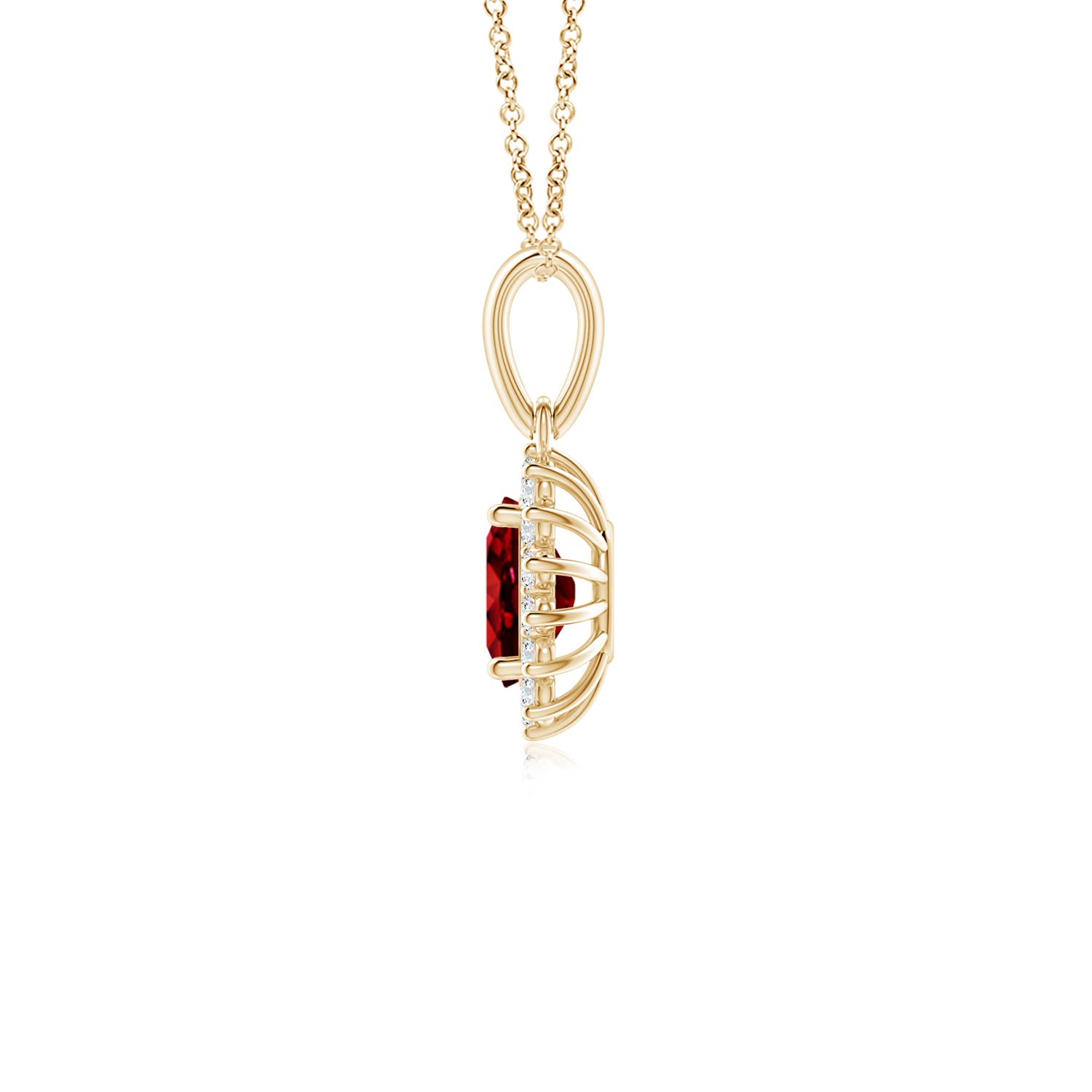 6x4mm AAAA Oval Ruby Pendant with Floral Diamond Halo in Yellow Gold