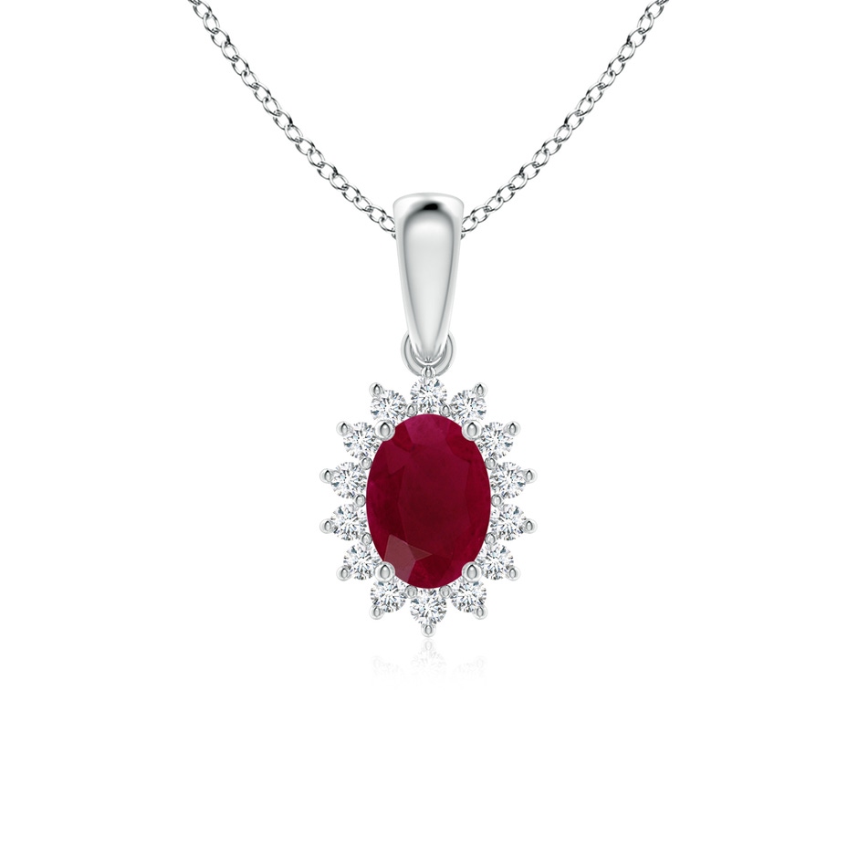 7x5mm A Oval Ruby Pendant with Floral Diamond Halo in P950 Platinum 