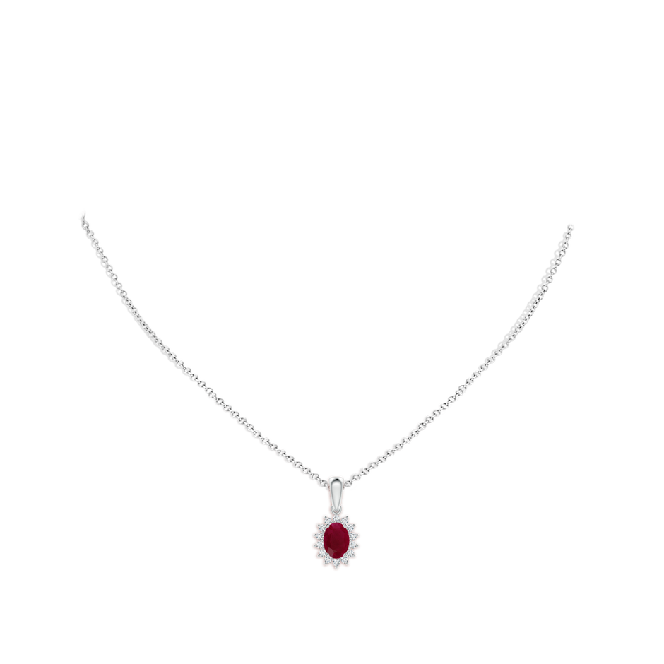 7x5mm A Oval Ruby Pendant with Floral Diamond Halo in P950 Platinum pen