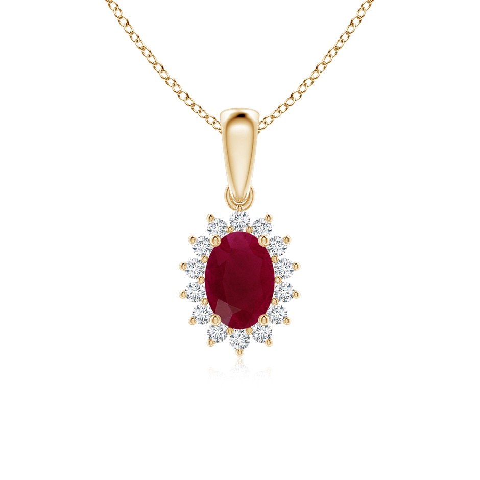 7x5mm A Oval Ruby Pendant with Floral Diamond Halo in Yellow Gold 