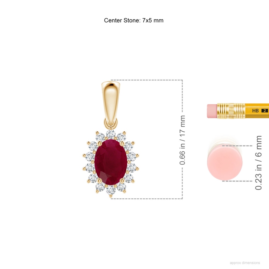 7x5mm A Oval Ruby Pendant with Floral Diamond Halo in Yellow Gold ruler
