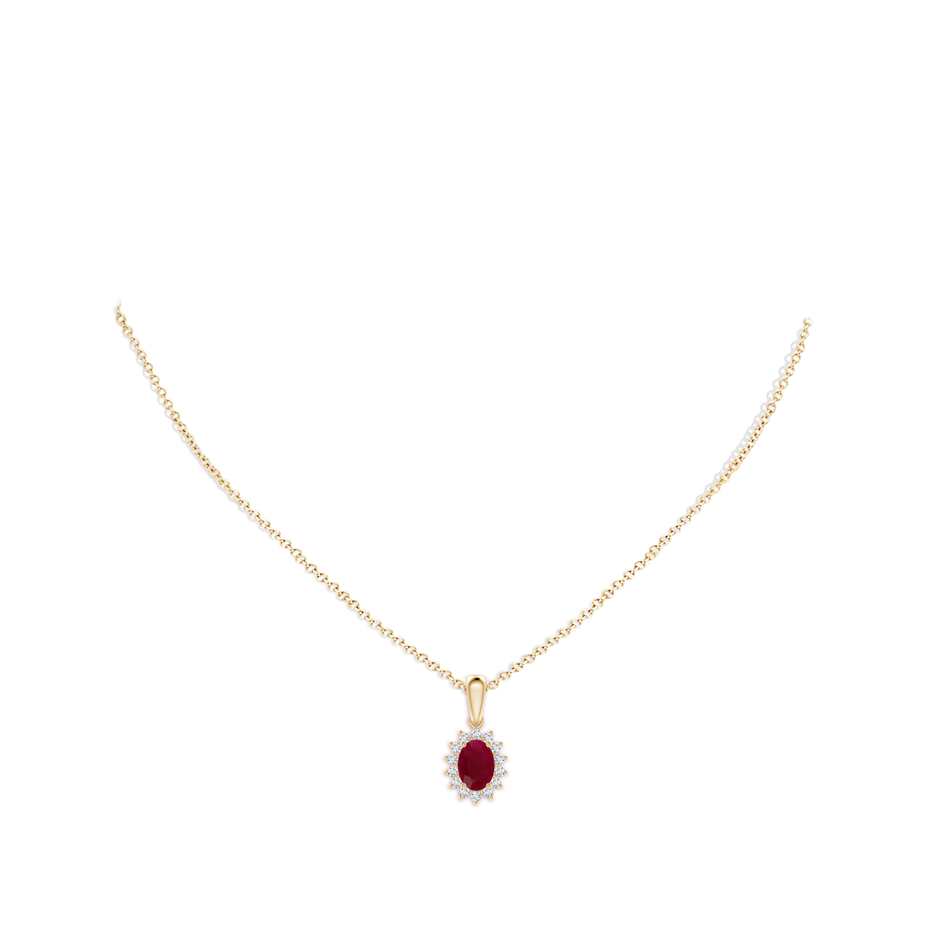 7x5mm A Oval Ruby Pendant with Floral Diamond Halo in Yellow Gold pen