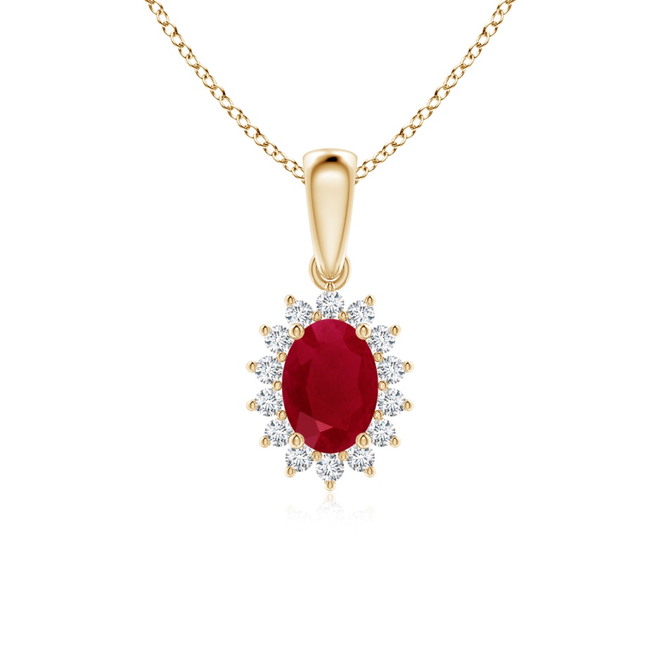7x5mm AA Oval Ruby Pendant with Floral Diamond Halo in Yellow Gold 