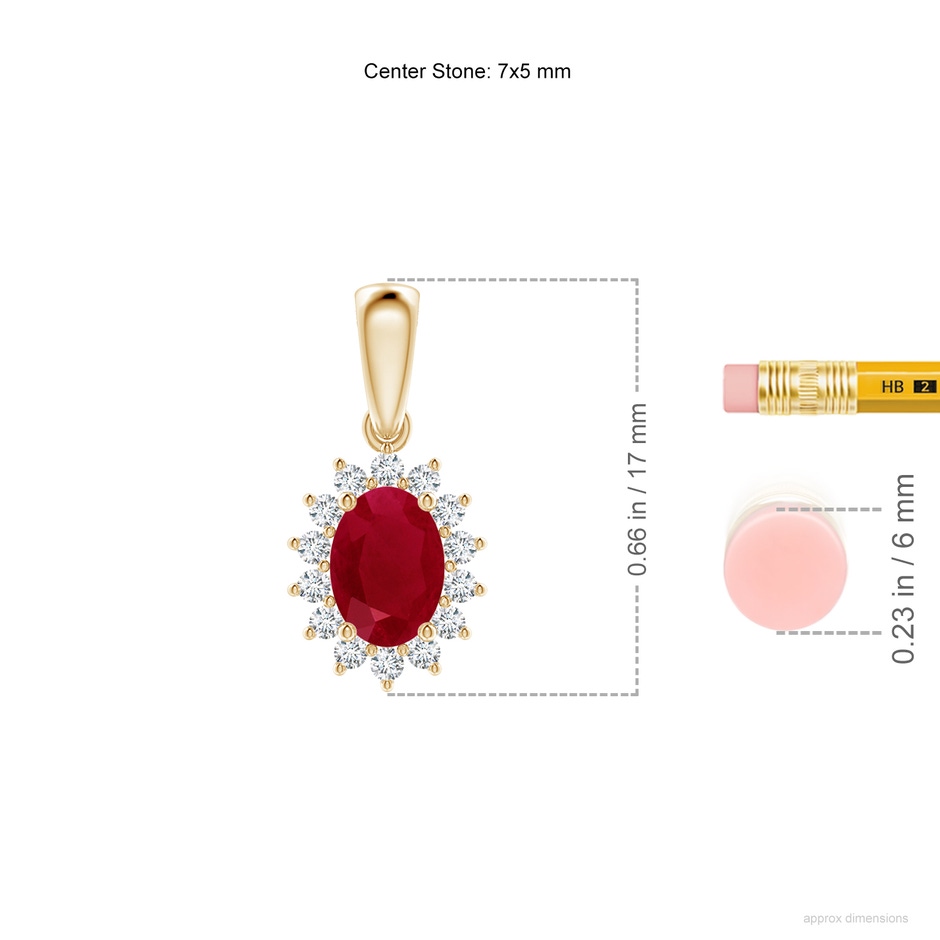 7x5mm AA Oval Ruby Pendant with Floral Diamond Halo in Yellow Gold ruler