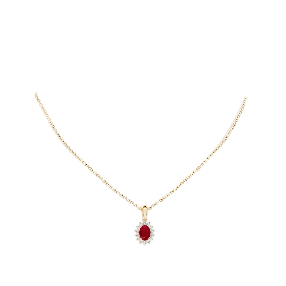 7x5mm AA Oval Ruby Pendant with Floral Diamond Halo in Yellow Gold pen