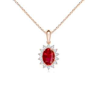 7x5mm AAA Oval Ruby Pendant with Floral Diamond Halo in Rose Gold