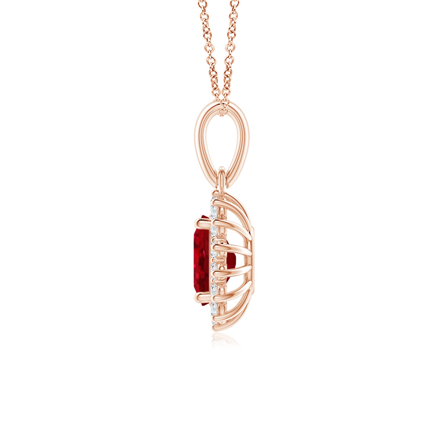 7x5mm AAA Oval Ruby Pendant with Floral Diamond Halo in Rose Gold