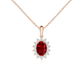 7x5mm AAAA Oval Ruby Pendant with Floral Diamond Halo in 10K Rose Gold