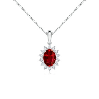 7x5mm AAAA Oval Ruby Pendant with Floral Diamond Halo in P950 Platinum