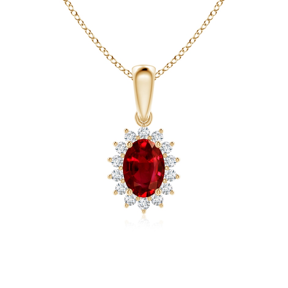 7x5mm AAAA Oval Ruby Pendant with Floral Diamond Halo in Yellow Gold 