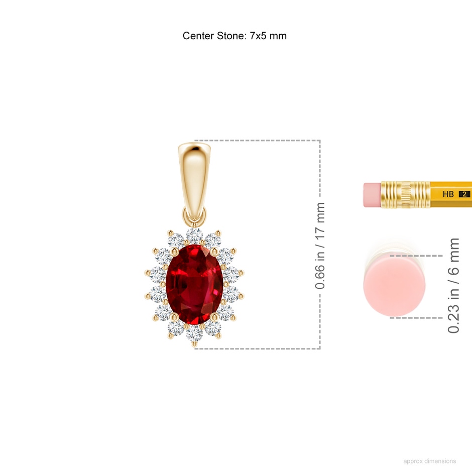 7x5mm AAAA Oval Ruby Pendant with Floral Diamond Halo in Yellow Gold ruler