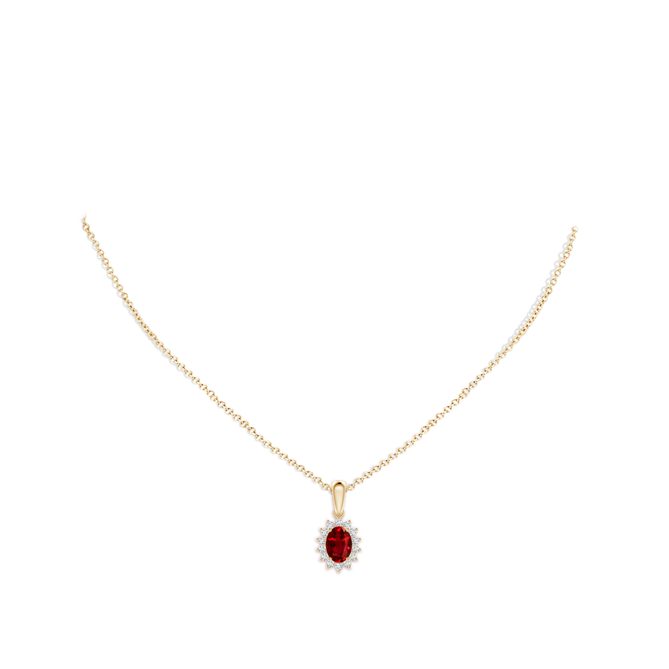 7x5mm AAAA Oval Ruby Pendant with Floral Diamond Halo in Yellow Gold pen