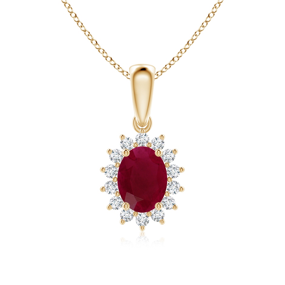 8x6mm A Oval Ruby Pendant with Floral Diamond Halo in Yellow Gold 