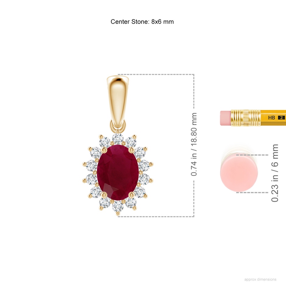 8x6mm A Oval Ruby Pendant with Floral Diamond Halo in Yellow Gold ruler