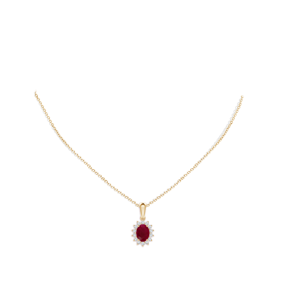 8x6mm A Oval Ruby Pendant with Floral Diamond Halo in Yellow Gold pen