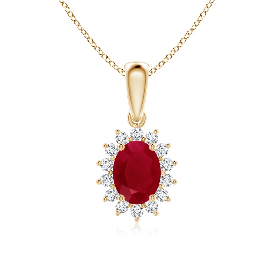8x6mm AA Oval Ruby Pendant with Floral Diamond Halo in Yellow Gold 