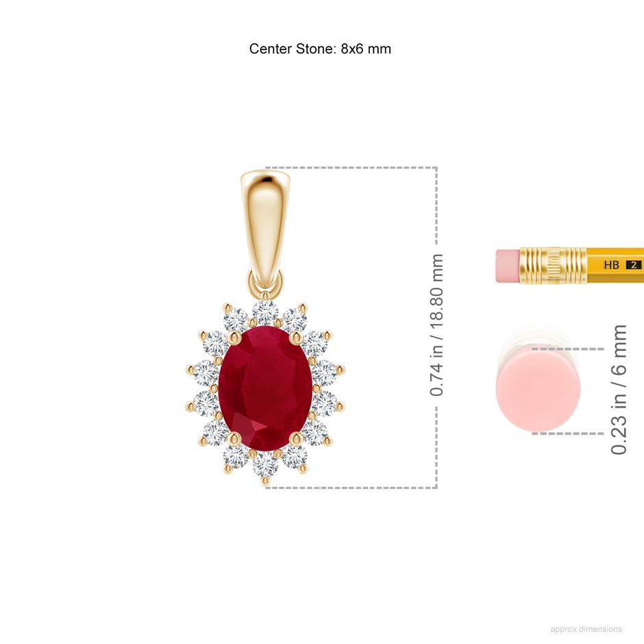 8x6mm AA Oval Ruby Pendant with Floral Diamond Halo in Yellow Gold ruler
