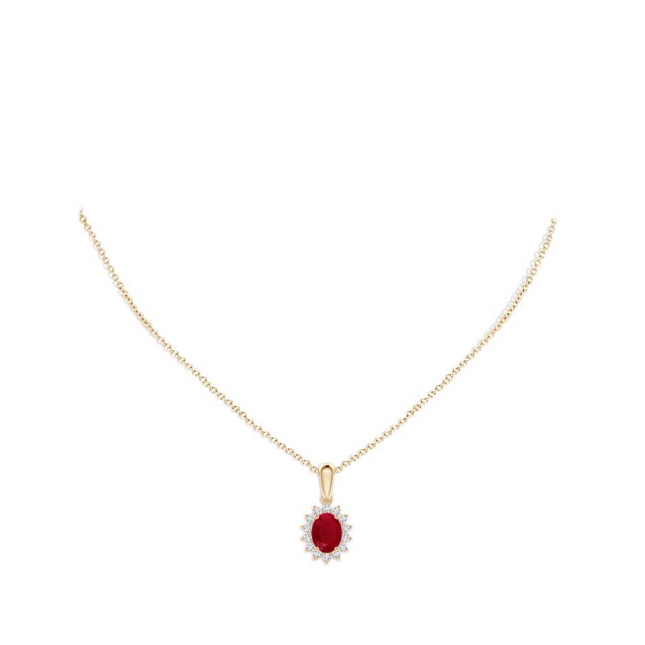 8x6mm AA Oval Ruby Pendant with Floral Diamond Halo in Yellow Gold pen
