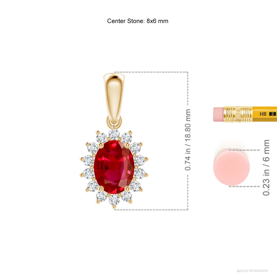 8x6mm AAA Oval Ruby Pendant with Floral Diamond Halo in 18K Yellow Gold ruler