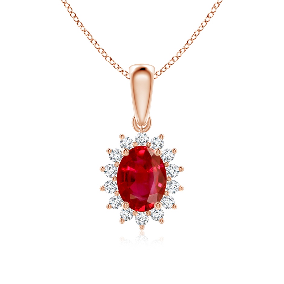8x6mm AAA Oval Ruby Pendant with Floral Diamond Halo in Rose Gold 