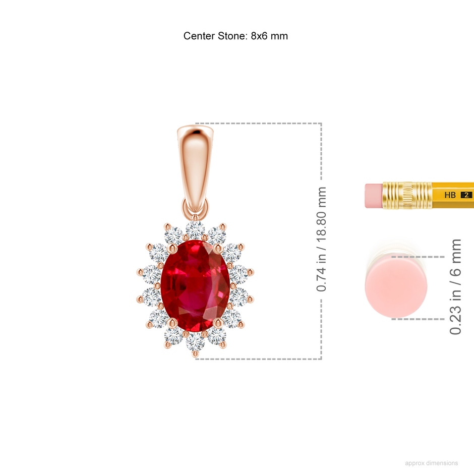 8x6mm AAA Oval Ruby Pendant with Floral Diamond Halo in Rose Gold ruler