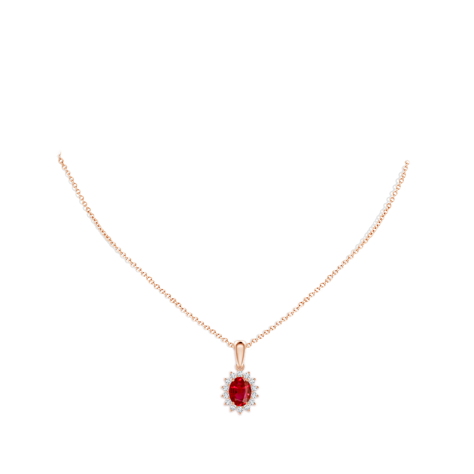 8x6mm AAA Oval Ruby Pendant with Floral Diamond Halo in Rose Gold pen