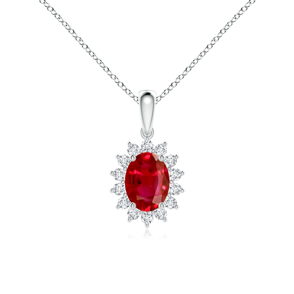 8x6mm AAA Oval Ruby Pendant with Floral Diamond Halo in White Gold