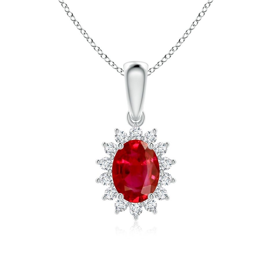 8x6mm AAA Oval Ruby Pendant with Floral Diamond Halo in White Gold 