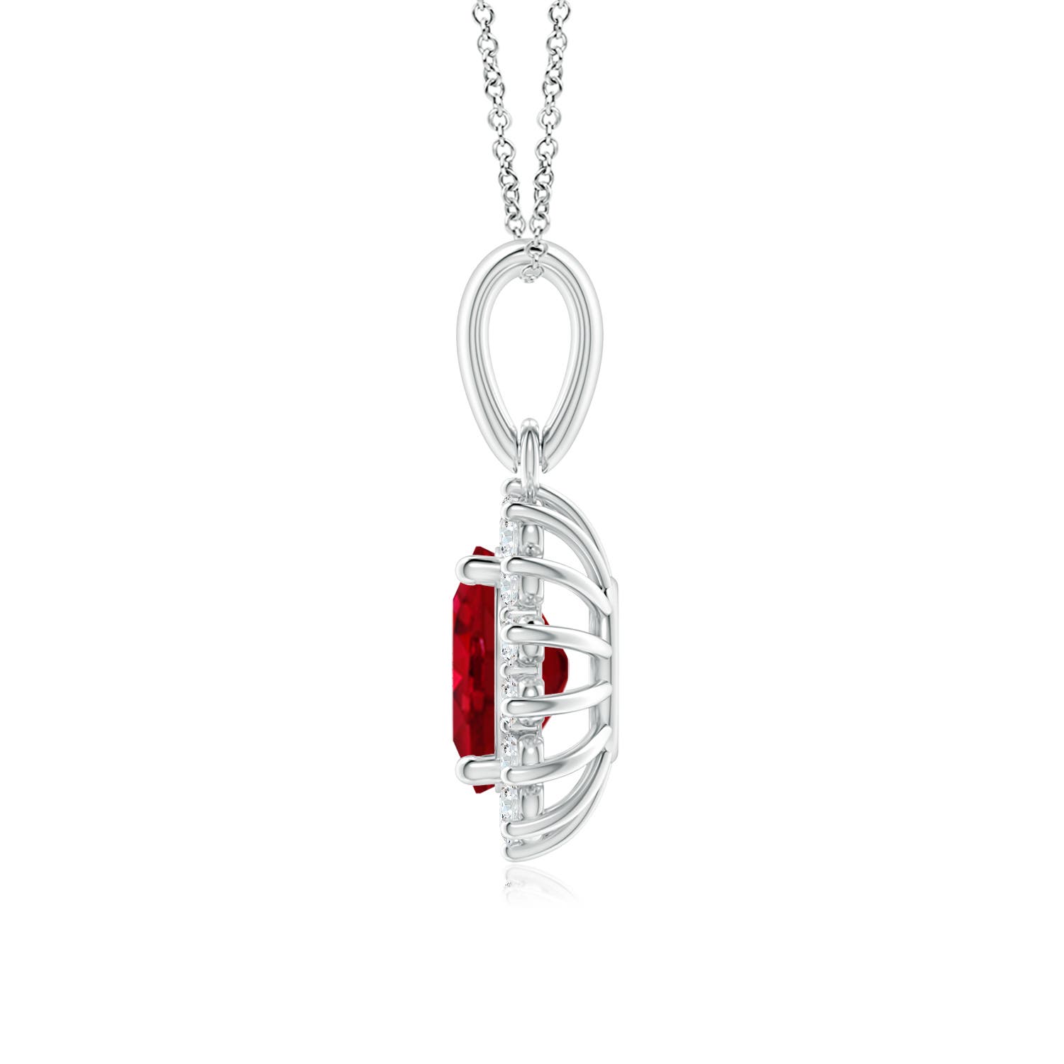 8x6mm AAA Oval Ruby Pendant with Floral Diamond Halo in White Gold
