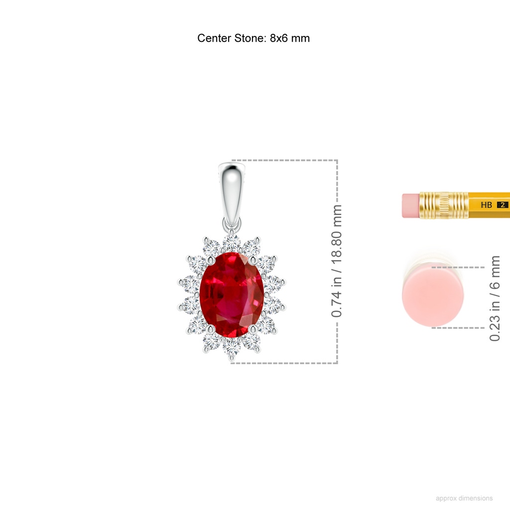 8x6mm AAA Oval Ruby Pendant with Floral Diamond Halo in White Gold ruler