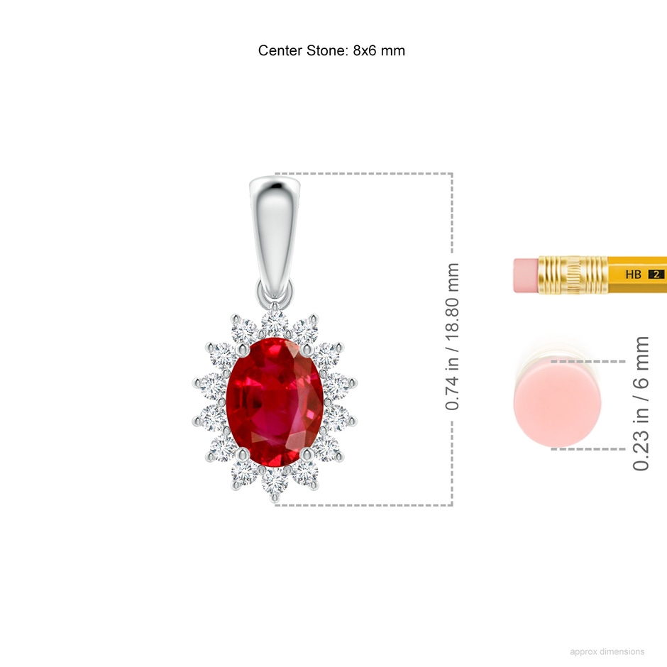 8x6mm AAA Oval Ruby Pendant with Floral Diamond Halo in White Gold ruler