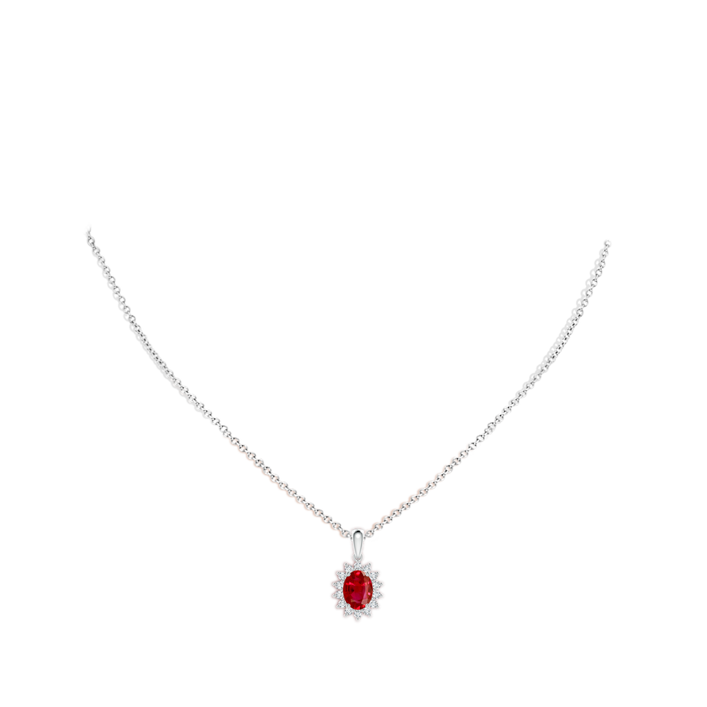 8x6mm AAA Oval Ruby Pendant with Floral Diamond Halo in White Gold pen