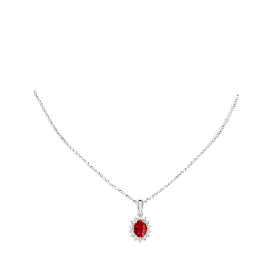 8x6mm AAA Oval Ruby Pendant with Floral Diamond Halo in White Gold pen