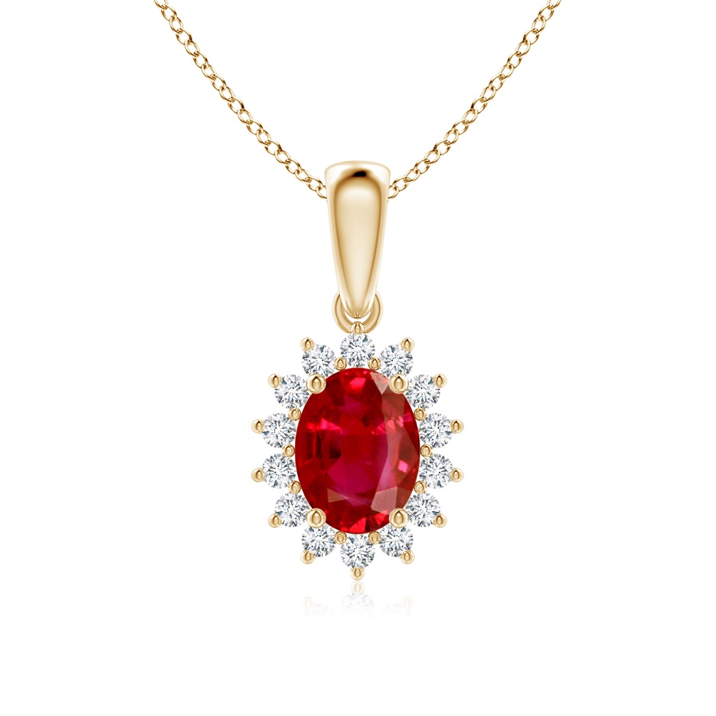 8x6mm AAA Oval Ruby Pendant with Floral Diamond Halo in Yellow Gold