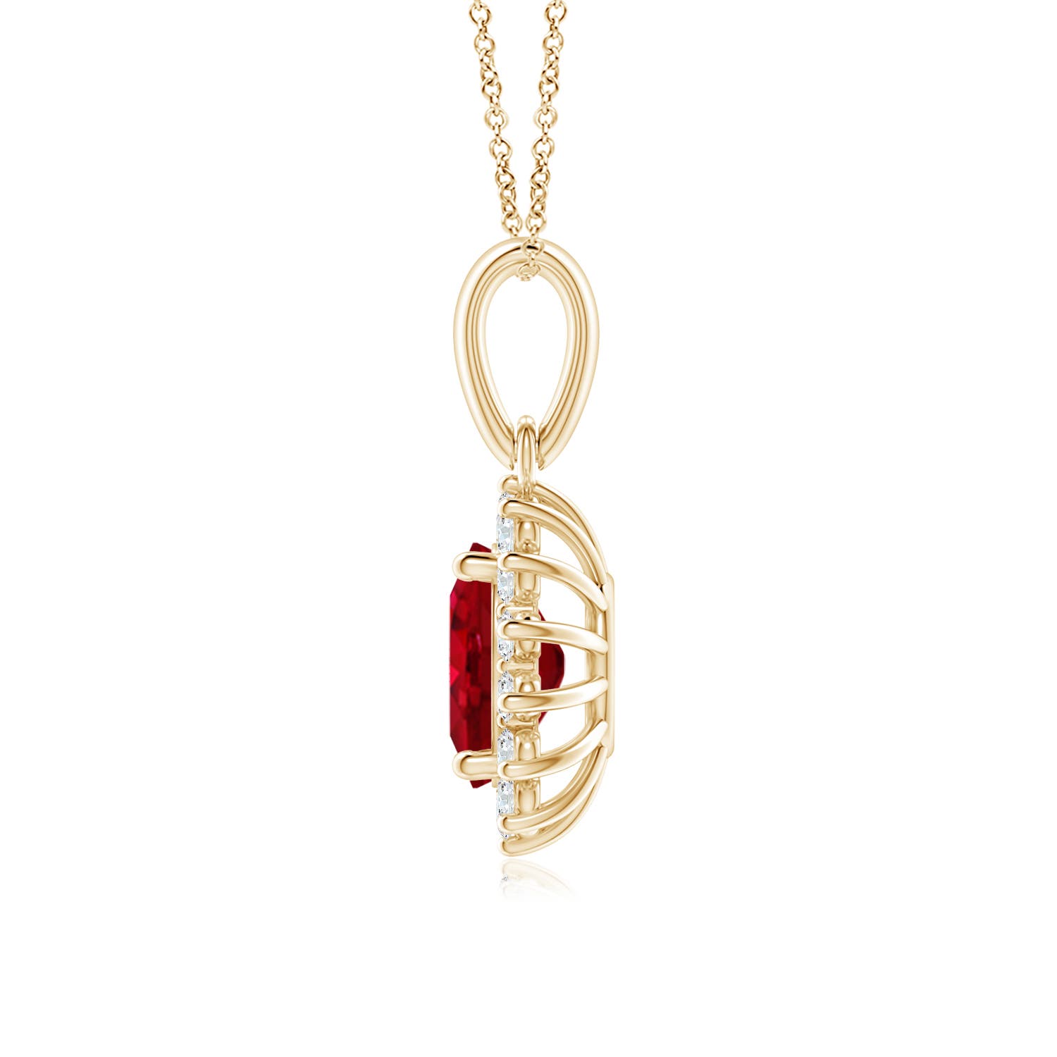 8x6mm AAA Oval Ruby Pendant with Floral Diamond Halo in Yellow Gold - side 3